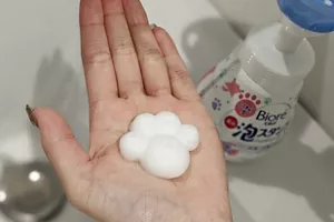 Paw-shaped foam dispensed by pushing Kao Biore u Foam Stamp Hand Soap with one hand