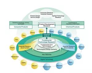 Image showing the characteristics of Kao’s R&D department, which creates value through the fusion of science and technology in multiple fields. Fundamental technology research, which combines digital technology with essential research of humans and materials, and product development research, which studies consumers, product design, and practical application of applied technology, are linked through essential analysis. Through essential analysis, Kao’s R&D department provides consumer products that realize cleanliness, beauty, and health, and chemical products that contribute to future industries.