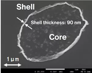 Capsule-type toner in which a core particle is encapsulated in an approx. 90 nm-thick shell particle.