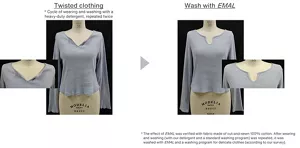 Clothing can be brought back to a fine condition by washing with EMAL after twice repeating the cycle of wearing and washing twisted clothing with a heavy-duty detergent. The effect of EMAL was verified with fabric made of cut-and-sewn 100% cotton. After repeated wearing and washing (with our detergent and a standard washing program), the clothing was washed using EMAL together with a washing program for delicate clothes (according to our survey).
