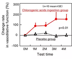 This graph shows the promoting effect of chlorogenic acids on vascular endothelial function. In a study of 20 healthy male volunteers, vasodilatation function was significantly increased in the group who had ingested chlorogenic acids compared with the placebo group.
