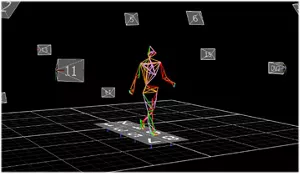 This screenshot shows a motion analysis-generated model of a human in mid-stride, which is visualized by connecting multiple points on the skeleton with lines.