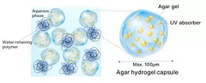 Agar hydrogel capsules containing UV absorber.