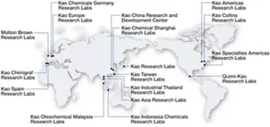 World map showing Kao's research and development laboratories.