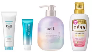 Product images. From left to right, Curél Moisture Hair Pack, Biore UV Aqua Rich Watery Essence, Melt Smooth Shampoo Pump, Emolica Floral Fragrance Body.