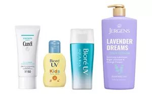 Product images. From left to right: ‘Curel Skin Repair UV Serum’, ‘Biore UV Kids’, ‘Biore UV Aqua Rich’ and ‘Jergens Lavender Dreams’.