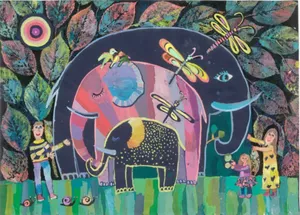 Lukisan tentang keluarga bersama gajah, capung dan daun, dengan tema We are one family karya Olexandra Serhiivna Palii (12)