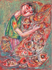 Picture shows the painting of 16th Contest Winner, Biprojit Saha (10) about Life From the Water