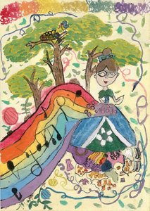 森の中で、眼鏡をかけた女の子が虹色の音符が描かれた大きなドレスを広げている子どものカラフルな絵画。木の上には鳥と巣がある。