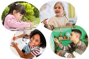 4人の子供たちが絵に関するさまざまな活動を行っています。パレットに筆を浸したり、キャンバスに絵の具を塗ったり、ペンを持って机に向かっています。