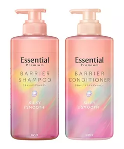 商品画像：エッセンシャルプレミアムうるおいバリアシャンプーシルキー＆スムースとエッセンシャルプレミアムうるおいバリアコンディショナーシルキー＆スムース