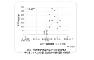図1：生活者タオルのニオイ官能強度とバイオフィルムの量（主成分のEPS量）の関係