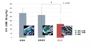 2種類の界面活性剤を組み合わせた新処で検証を行った結果、新処方ではEPS量が従来処方よりも低減し、さらに、レーザー顕微鏡で観察したところ、従来処方では除去できなかった肥大化したバイオフィルムも新処方では除去されていることも確認