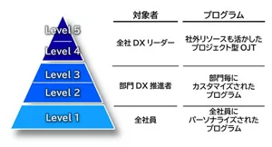 レベル1の対象者は全社員、プログラムは全社員にパーソナライズされたプログラム、レベル2・3の対象者は部門DX推進者、プログラムは部門ごとにカスタマイズされたプログラム、レベル4・5は、対象者は全社DXリーダー、プログラムは社外リソースも生かしたプロジェクト型OJT。
