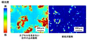 図3.紫外線散乱剤内包カプセル有無による吸光度の比較 カプセルを含まない日やけ止め製剤は、吸光度が低く、新処方製剤は吸光度が高い。