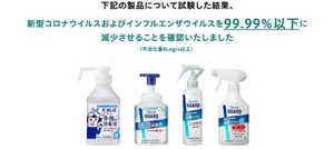 ビオレu手指の消毒液、ビオレガード 薬用泡で出る消毒液・薬用消毒スプレー・薬用消毒スプレーαの製品について試験した結果、新型コロナウイルスおよびインフルエンザウイルスを99.99％以下に減少させることを確認いたしました。（99％以下は不活化量4Log10以上）