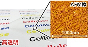 疎水性樹脂／セルロースナノファイバーの複合材料の外観写真および原子間力顕微鏡（AFM）観察像。高い透明性を維持している一方で、AFM観察から樹脂中で微細なセルロースナノファイバーが緻密なナノネットワークを形成していることを確認。
