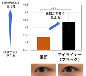 図3：白目が明るく見える効果。ブラックのアイライナーを施すことにより、白目が明るく見える。