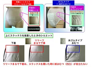 おむつ外装材が糸ゴムタイプを採用している一般的なパンツ型おむつと糸ゴムを使用していない伸縮シートタイプを採用しているリリーフまるで下着のスラックスを装着した時のシルエットを比較。リリーフまるで下着はスラックスを履いた時におむつの凹凸が目立ちません。