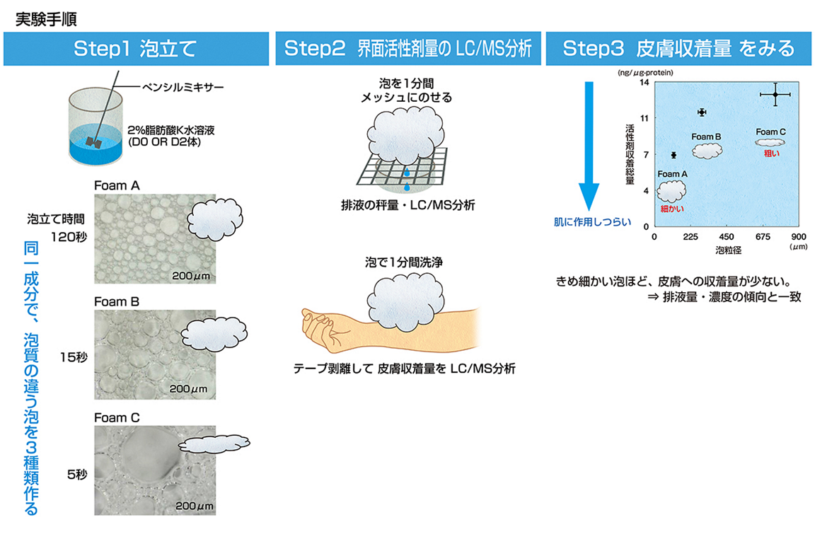 キメの細かい泡には、肌の角層に界面活性剤がくっつく量を抑えるはたらきもある。