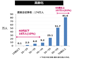 高齢化が進むことに撚り、10年後には劇的に農業の担い手の人口が減少してしまう。