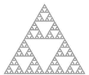 フラクタル図形の例としては、マンデルブロー図形やシェルピンスキーの三角形がよく知られている。