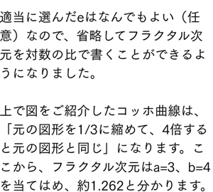 適当に選んだeはなんでもよい（任意）なので、省略してフラクタル次元を対数の比で書くことができるようになりました。  上で図をご紹介したコッホ曲線は、「元の図形を1/3に縮めて、4倍すると元の図形と同じ」になります。ここから、フラクタル次元はa=3、b=4を当てはめ、約1.262と分かります。