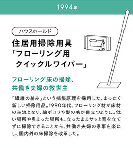 1994年 ハウスホールド：「フローリング用クイックルワイパー」 繊維の絡みを捕集原理に採用した新しい掃除用品。床材の主流となったフローリング材の掃除に対応。共働き夫婦の家事、国内外の床掃除を改革。