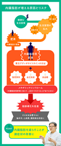 内臓脂肪が増える原因とリスクのイメージ図  内臓脂肪を減らすことが、メタボに関連する諸症状改善のポイントとなる。