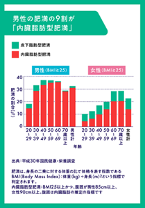 皮下脂肪型肥満と内臓脂肪型肥満の男女別の年代割合を示したグラフ （平成30年国民健康・栄養調査より）  男性は20代から30代頃にかけて肥満の割合が増え、その９割が内臓脂肪型肥満
