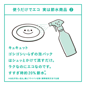 使うだけでエコ 実は節約商品2 キュキュットゴシゴシいらずの泡パックはシュッとかけて流すだけ。ラクなのにエコなのです。すすぎ時約20%節水*。＊当社手洗い品比。鍋とフライパンを除く標準使用方法で比較。