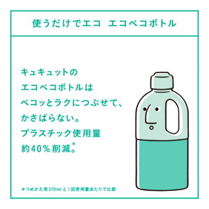 使うだけエコ エコペコボトル　キュキュットのエコペコボトルはペコっとラクにつぶせて、かさばらない。プラスチック使用量約40%削減*。＊つめかえ用370mlと1回使用量あたりで比較