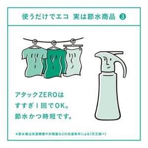 使うだけでエコ 実は節水商品3 アタックZEROはすすぎ1回でOK。節水かつ時短です。＊節水量は洗濯機種や衣類量などの洗濯条件による(花王調べ)