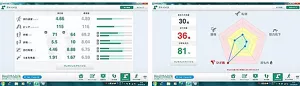 図4　歩行評価アプリケーションの表示画面の例。 左右2枚の図があり、左側の図は歩行評価アプリケーションで測定された歩行速度、ピッチ、歩幅、歩隔、歩行角度、つま先角度を表示している。右側の図は、算出された歩行年齢、および、膝痛、腰痛、転倒、尿もれ、筋力低下の5項目の特徴をもつ方の歩き方に近いかどうかを、レーダーチャートで表示している。