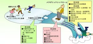 図4　内臓脂肪の蓄積とメタボリックシンドロームとの関係を模式的に示したイラスト。適切な運動と、バランスの取れた食事によって、健康な生活を送ることができる。しかし、不適切な生活習慣（不適切な食生活、運動不足、ストレス過剰、飲酒、喫煙）によりメタボリックシンドローム（肥満症、糖尿病、高血圧症、脂質異常症）が進行し、生活習慣病を発症し、虚血性心疾患、脳卒中、糖尿病の合併症、認知症などにつながる。