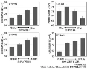 図1　生活習慣の因子得点と内臓脂肪蓄積との関係を示した棒グラフ。　縦横2つずつ、合計4つのグラフがあり、いずれも縦軸は内臓脂肪面積（平方センチメートル）。横軸は、左上のグラフは食事の量、右上のグラフは食事の質、左下のグラフは食事の時間、右下のグラフは身体活動（不活動）を示している。食事の量が多いほど、食事の質が悪いほど、食事の時間が不規則なほど、そして、身体の活動が少ないほど、有意に内臓脂肪面積が大きい。