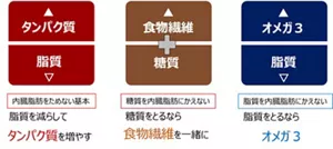 図5　内臓脂肪を低減する3つの栄養バランスを示した図。　内臓脂肪をためない基本として、脂質を減らしてたんぱく質を増やす、糖質を内臓脂肪にかえないために糖質を取るなら食物繊維を一緒に、また、脂質を内臓脂肪にかえないために脂質をとるならオメガ3脂肪酸を推奨している。