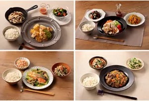 図7　内臓脂肪をためにくい食事法に基づく献立例。　献立の例を4つ、写真で示している。