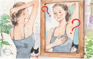 鏡にセルフチェックしている女性のイラスト