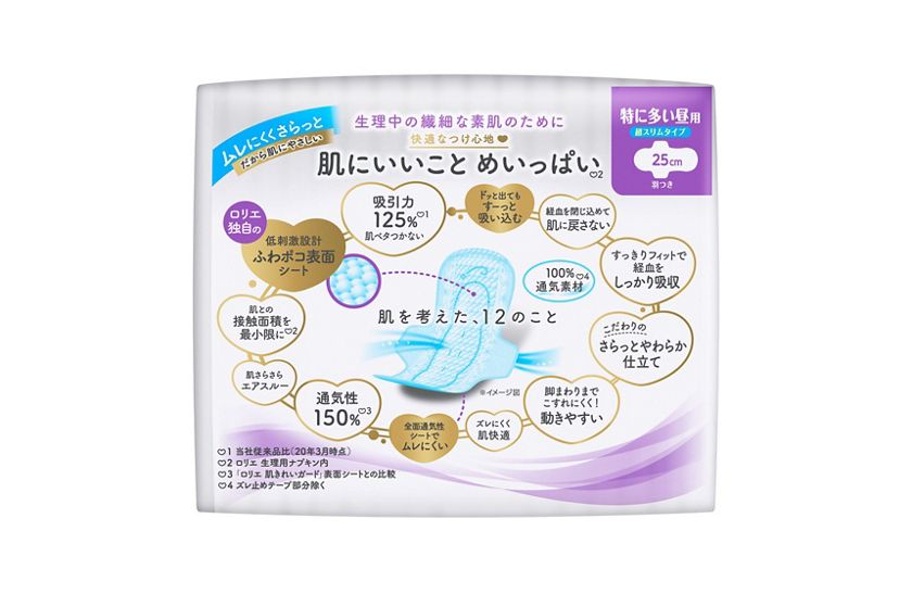 花王｜製品カタログ｜ロリエ しあわせ素肌 通気超スリム 特に多い昼用２５ｃｍ 羽つき １７個