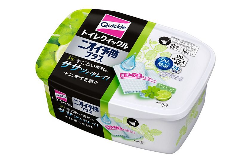 花王|製品カタログ|トイレクイックル ニオイ予防プラス シトラスミントの香り 容器入 8枚 花王|製品カタログ|トイレクイックル ニオイ予防プラス シトラスミントの香り 容器入 8枚