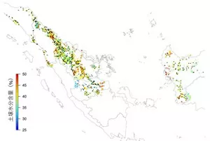 インドネシアにおける広範囲の土壌健全性を示す地図