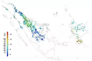 インドネシアにおける広範囲の土壌健全性を示す地図
