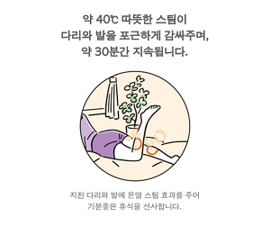 약 40℃ 따뜻한 스팀이 다리와 발을 포근하게 감싸주며, 약 30분간 지속됩니다. 지친 다리와 발에 온열 스팀 효과를 주어 기분좋은 휴식을 선사합니다.