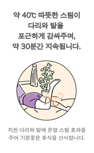 약 40℃ 따뜻한 스팀이 다리와 발을 포근하게 감싸주며, 약 30분간 지속됩니다. 지친 다리와 발에 온열 스팀 효과를 주어 기분좋은 휴식을 선사합니다.