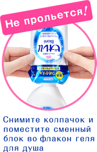 Не прольется! Снимите колпачок и поместите сменный блок во флакон геля для душа