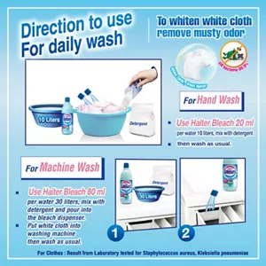 How to Wash White Fabrics Hand Wash: Use 20 ml of Haiter + 10 liters of water + detergent, and wash as usual. Machine Wash: Use 80 ml of Haiter + 30 liters of water + detergent. Pour it into the same compartment as the detergent or the bleach compartment, and wash as usual.