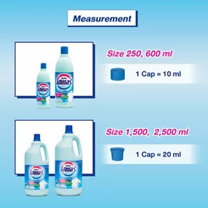 Measurement Guide For 250 ml and 600 ml sizes, 1 cap equals 10 ml. For 1,500 ml and 2,500 ml sizes, 1 cap equals 20 ml.