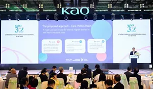 Kao branding and a slide titled “Proposed Approach – Care Within Reach,” focused on a health and care model for internal migrant women in Viet Nam’s industrial zones.