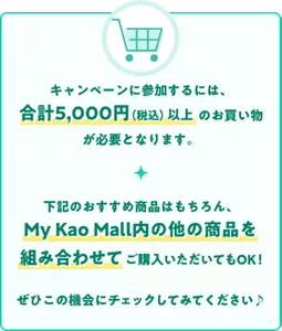 キャンペーンに参加するには、合計5,000円（税込）以上のお買い物が必要となります。 下記のおすすめ商品はもちろん、My Kao Mall内の他の商品を組み合わせてご購入いただいてもOK！ ぜひこの機会にチェックしてみてください♪